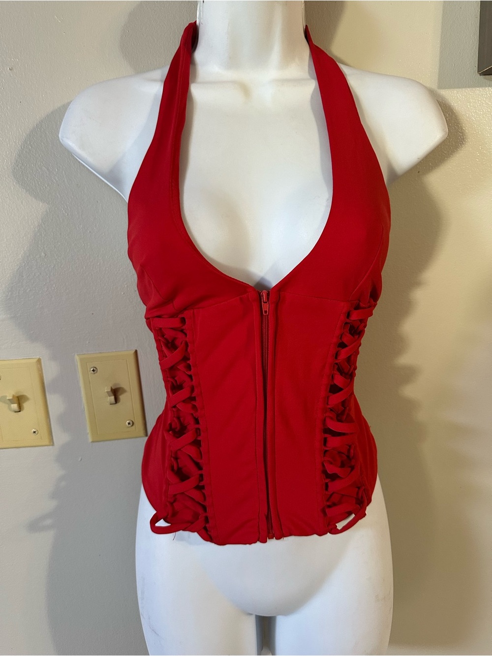Windsor Red Halter Lace-Up Front Zip Top